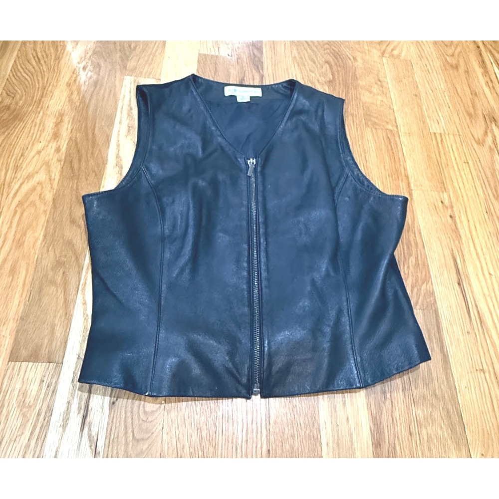 Petite Sophisticate Black Genuine Leather Mixed Media Zip Front Vest Small